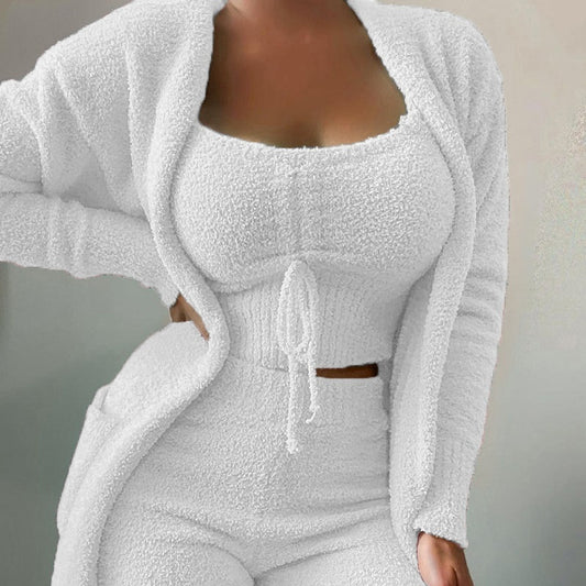 Womens Slimming Three-Piece Casual Solid-Color Long-Sleeve Set