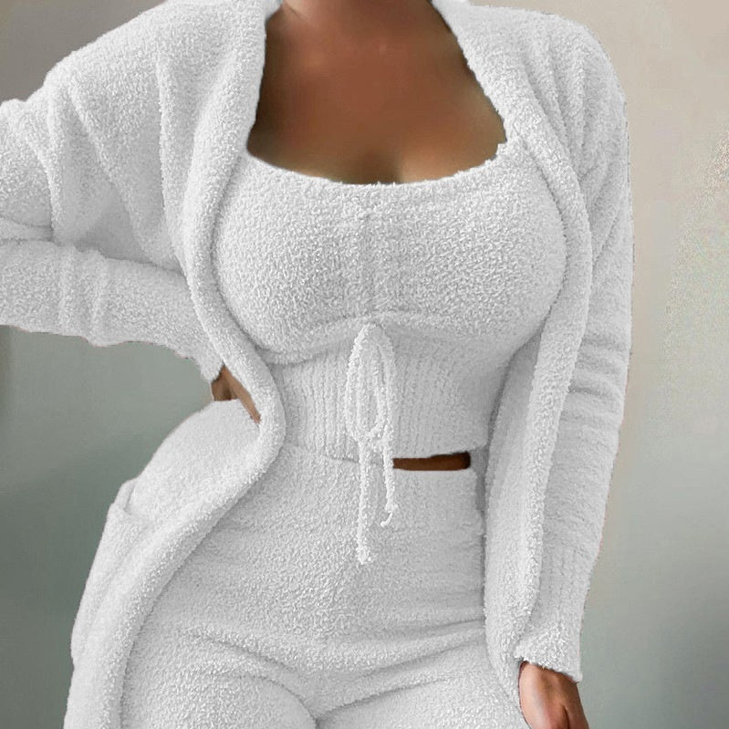 Womens Slimming Three-Piece Casual Solid-Color Long-Sleeve Set