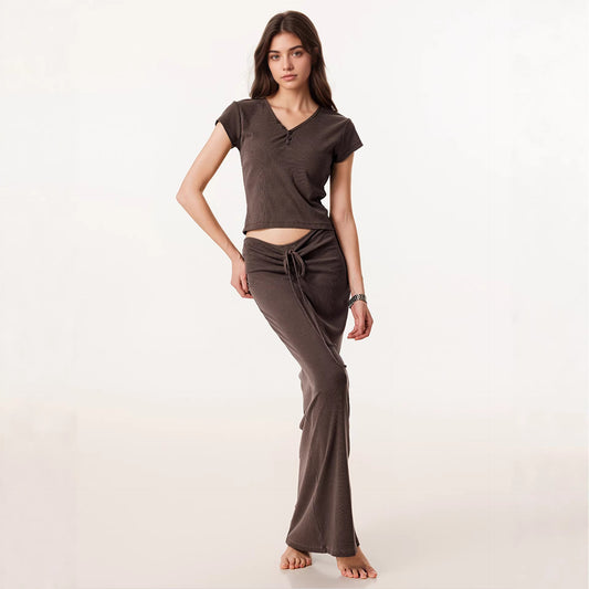 Small V-neck Drawstring Slimming Hip-hugging Skirt And V-neck Short-sleeve Top Womens New Set