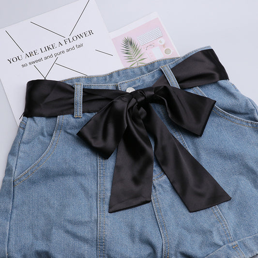 Fashion Solid Color Extra Long Wide Ribbon Belt With Skirt Decoration