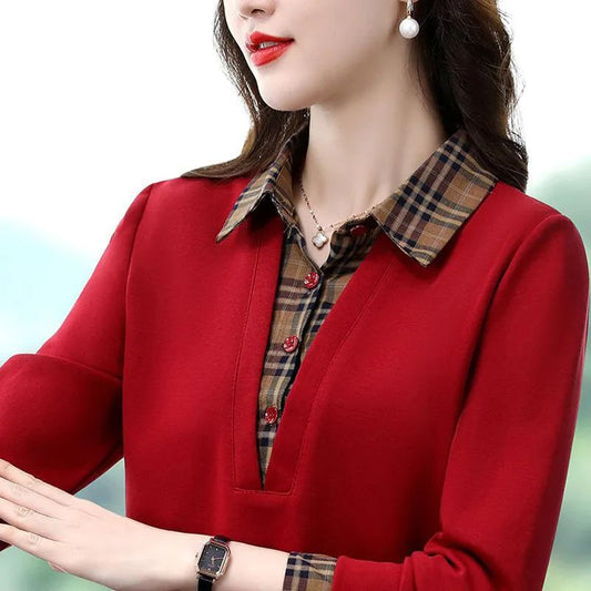 Autumn Fashion Patchwork Plaid Layered Slim-fit Top New Versatile Simple Fake Two-piece Stylish Long Sleeve
