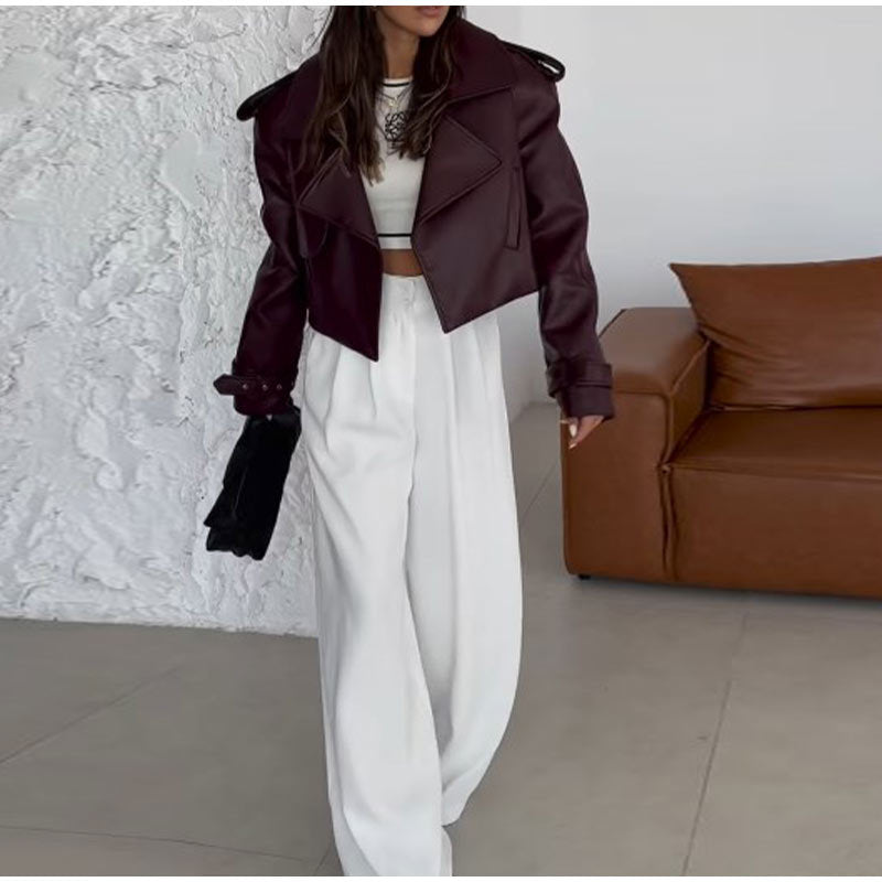 Manteau en cuir uni court et ample pour femme