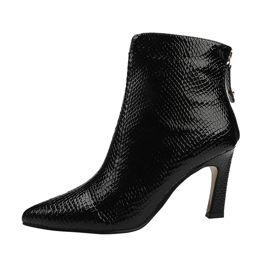 European And American Sexy Pointed Toe Martin Boots Snake Print Stiletto Heel