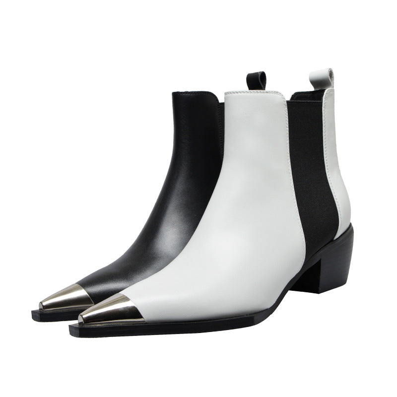 British Style Mid-heeled Single-boot Motorcycle Metal Pointed Toe Thick-heeled Short Boots