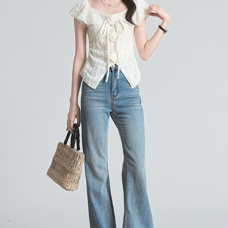 French Style Three-dimensional Flower Strap Short Sleeve