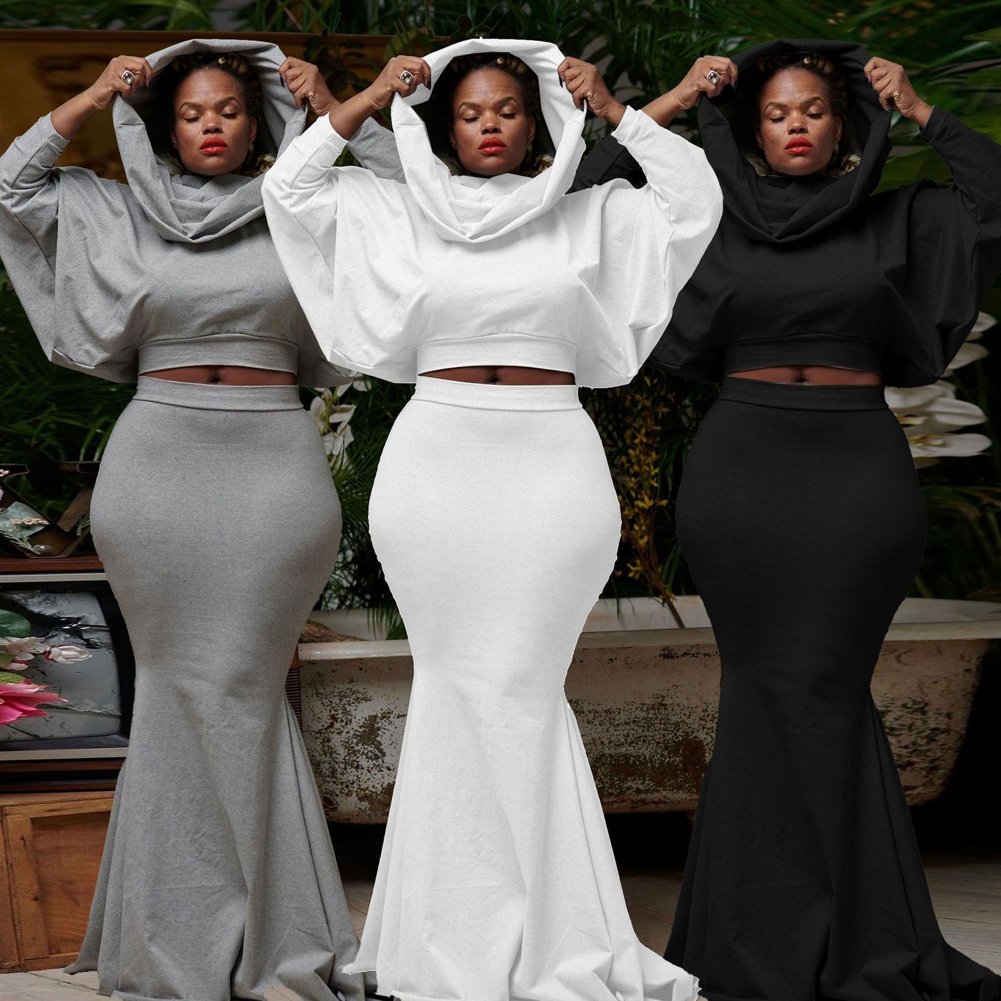 European And American Fitted Hooded Fishtail Dress Set