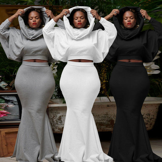 European And American Fitted Hooded Fishtail Dress Set