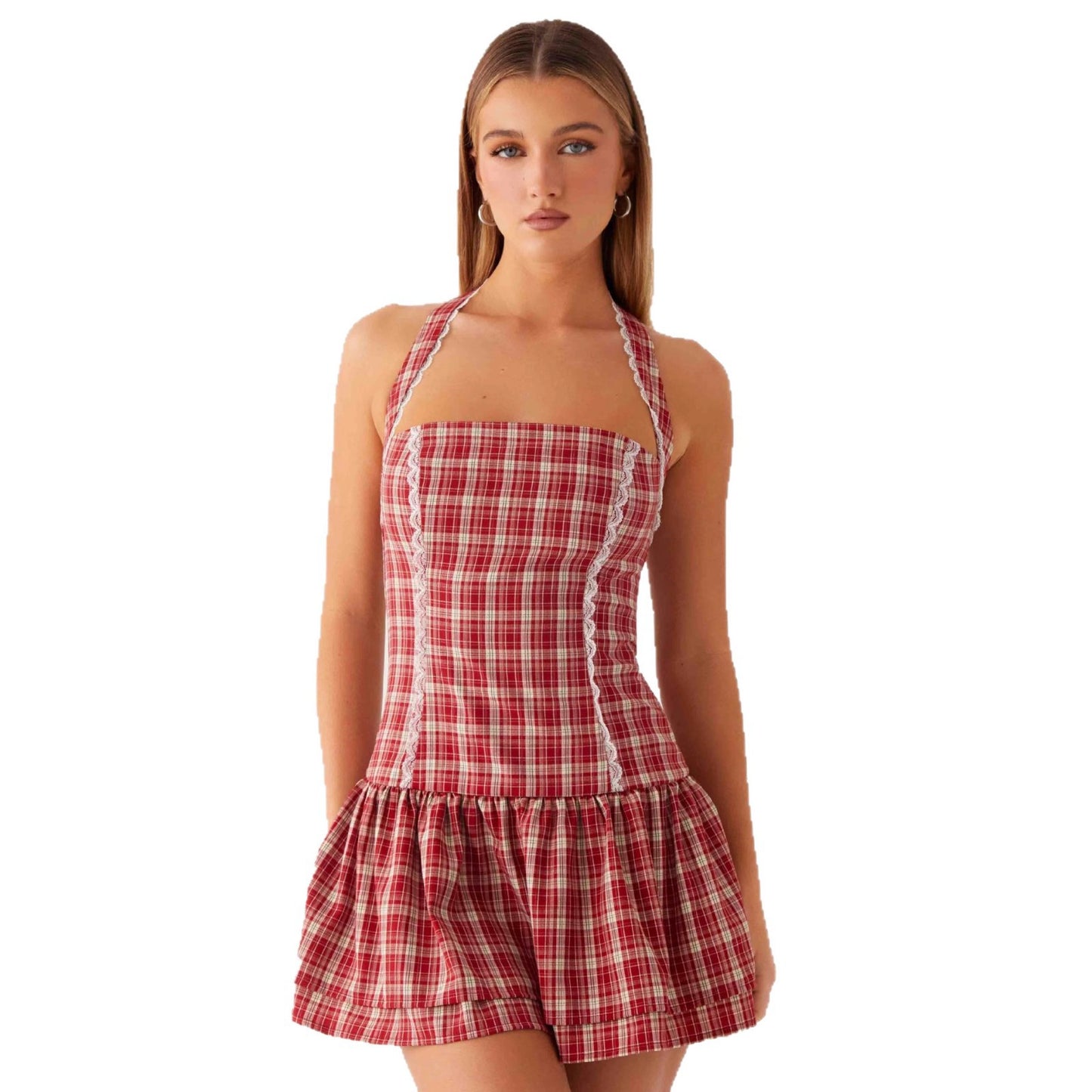 Neck-hanging Ruffled Cake-style Mini Dress With A Lace-trimmed Plaid Design