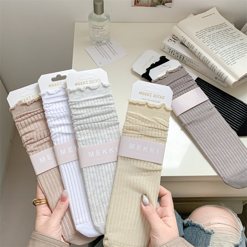 Solid Color Rib Fabric Wooden Ear Lady White Tube Bunching Socks