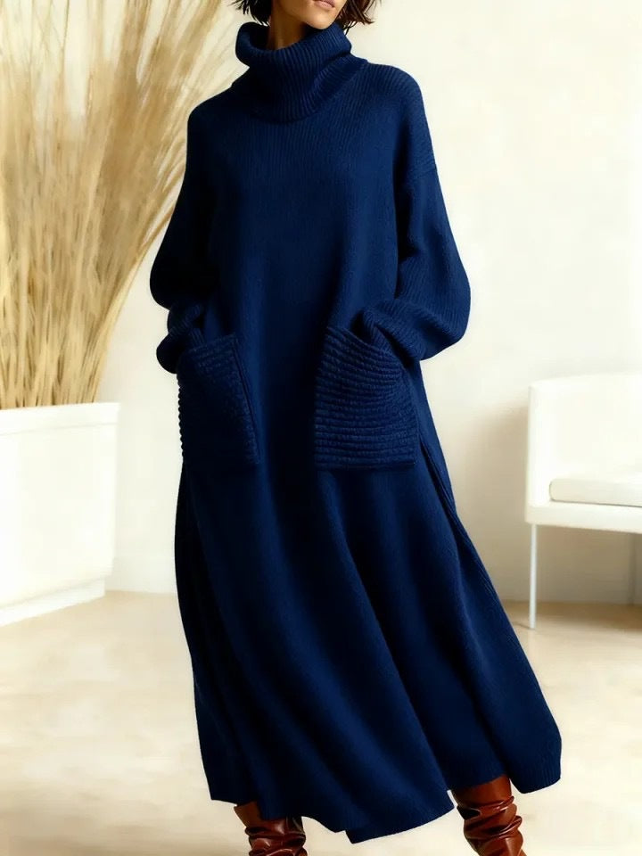 New High-neck Polyester Knit Dress With A Relaxed Fit And Pockets