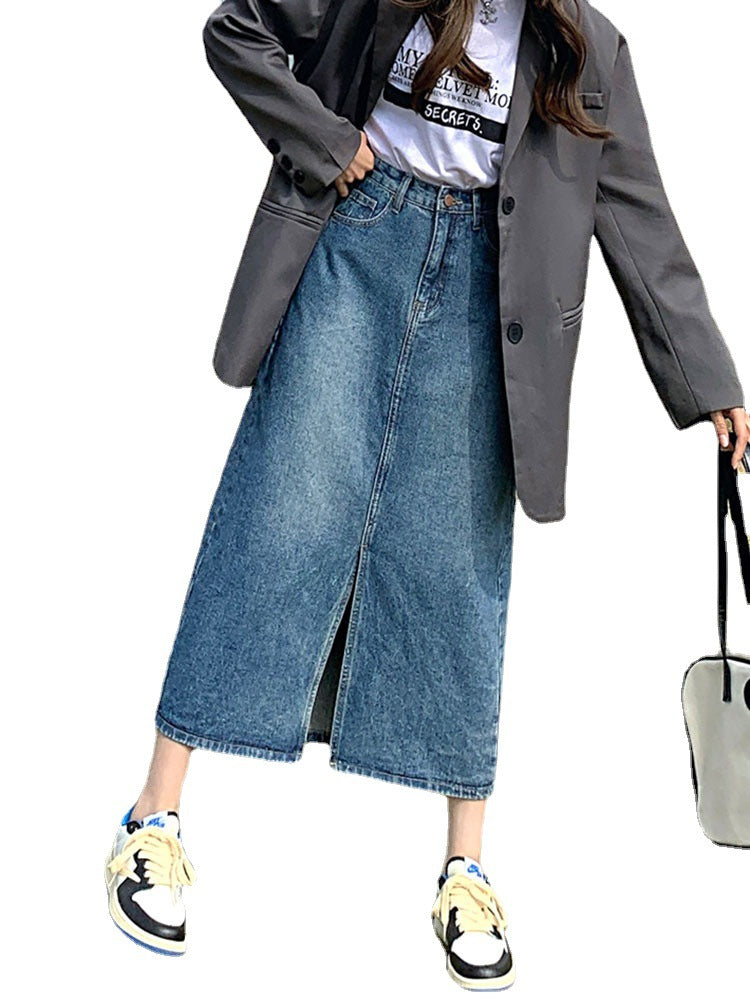Kvindenederdel Højtaljet Retro Blå Denimnederdel