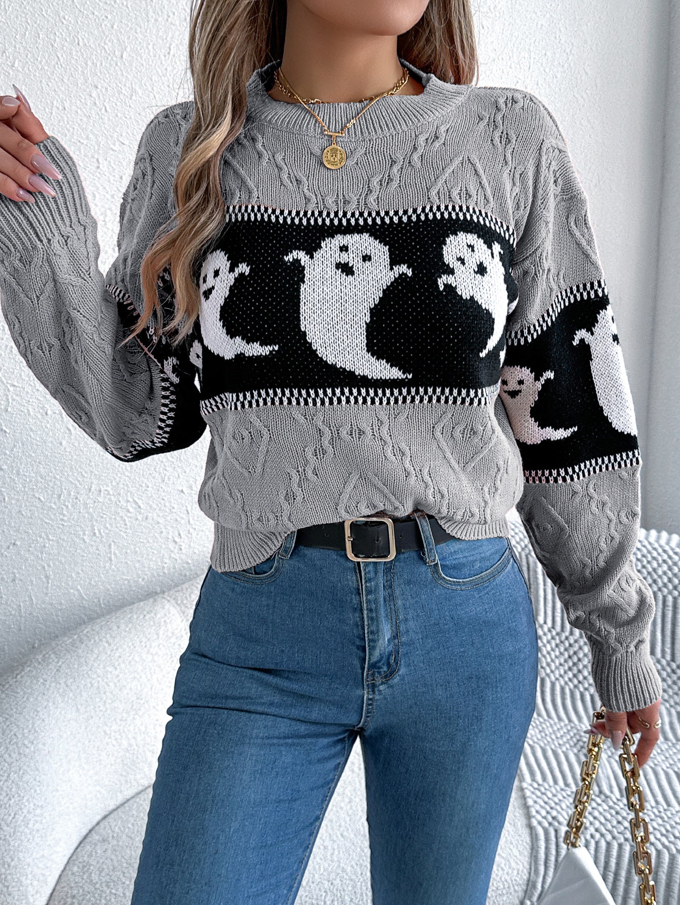 Women Ghost Color Block Long Sleeve Pullover Sweater