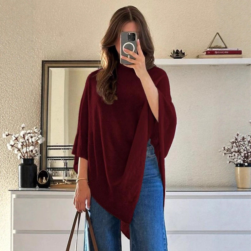 Shawl-Neck Sweater Irregular Wool Knitted Cape