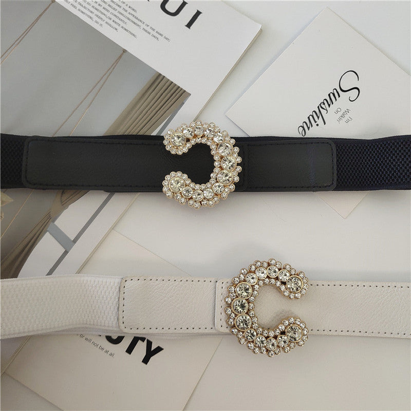 Semi Oval Diamond Inlaid Buckle Thin Waistband Female