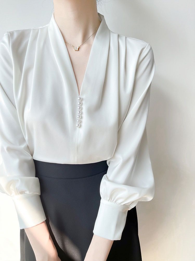 Dame V-hals Chiffon Langærmet Skjorte i Polyester