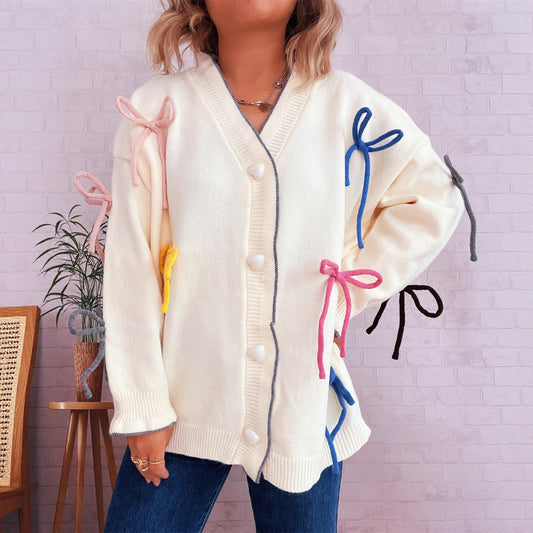 Cute Street Color Bow Decorative Single-breasted Knitted Sweater