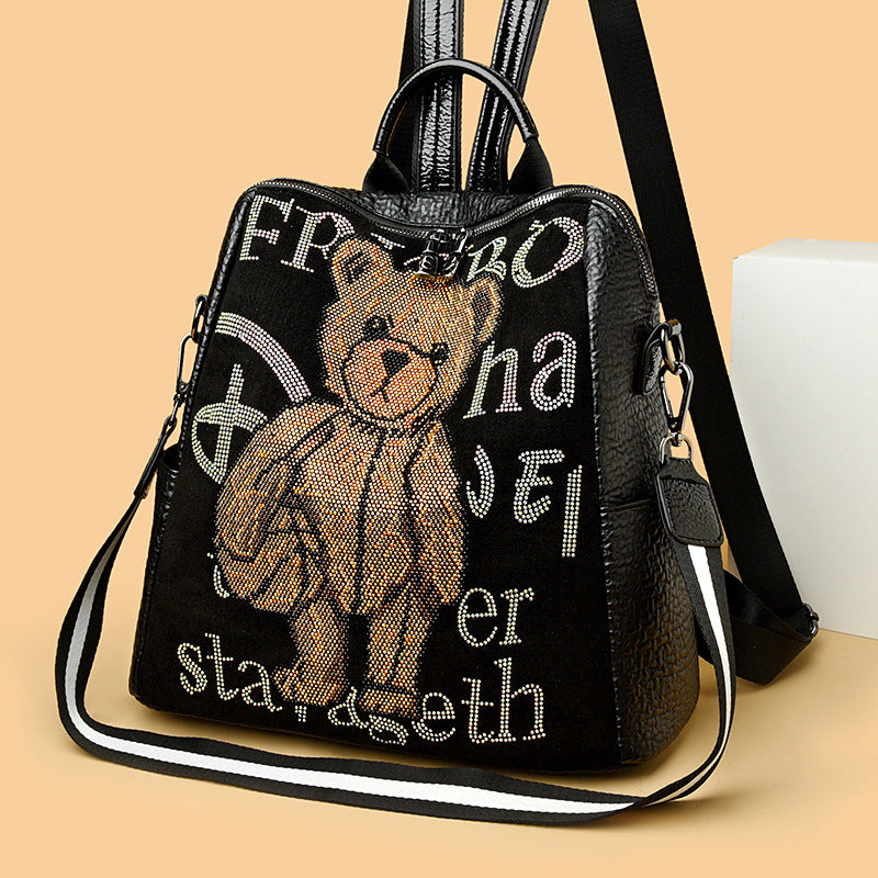 Women's Letter Multi-functional Rhinestone Bear Leather Backpack