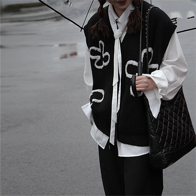 V-neck Cardigan Black Sleeveless Vest Korean Style