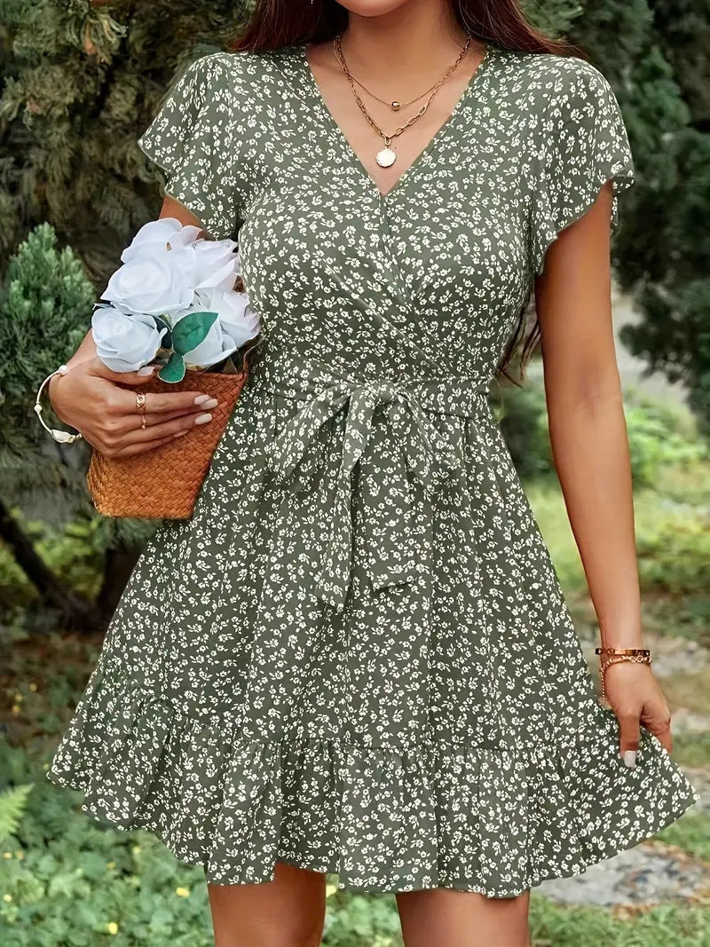 French-style High-waisted Floral-print Lace-up V-neck Short-sleeve Dress
