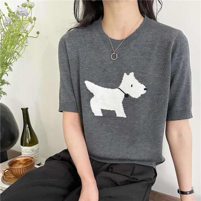 Puppy Jacquard Design Gray Loose Base Knitting Short Sleeve