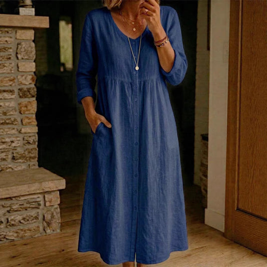 Fashionable Casual Loose Long-Sleeve Cotton-Linen Button-Up Womens Long Dress