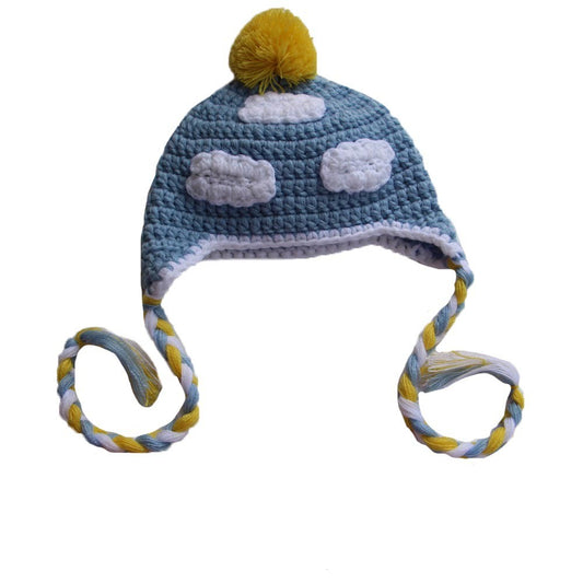 Handmade Knitted Hat With Blue Sky And White Clouds