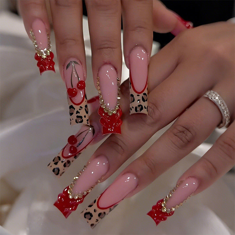 New Long-tube Wearable Nails In Red Leopard Print With A French Edge