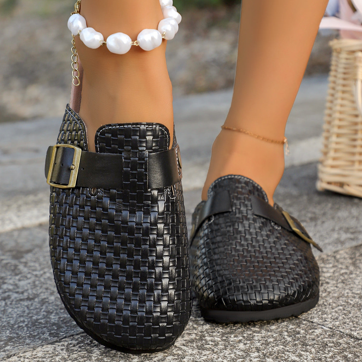 Womens Cork-toe Patterned Leather Belt Buckle Half-slipper