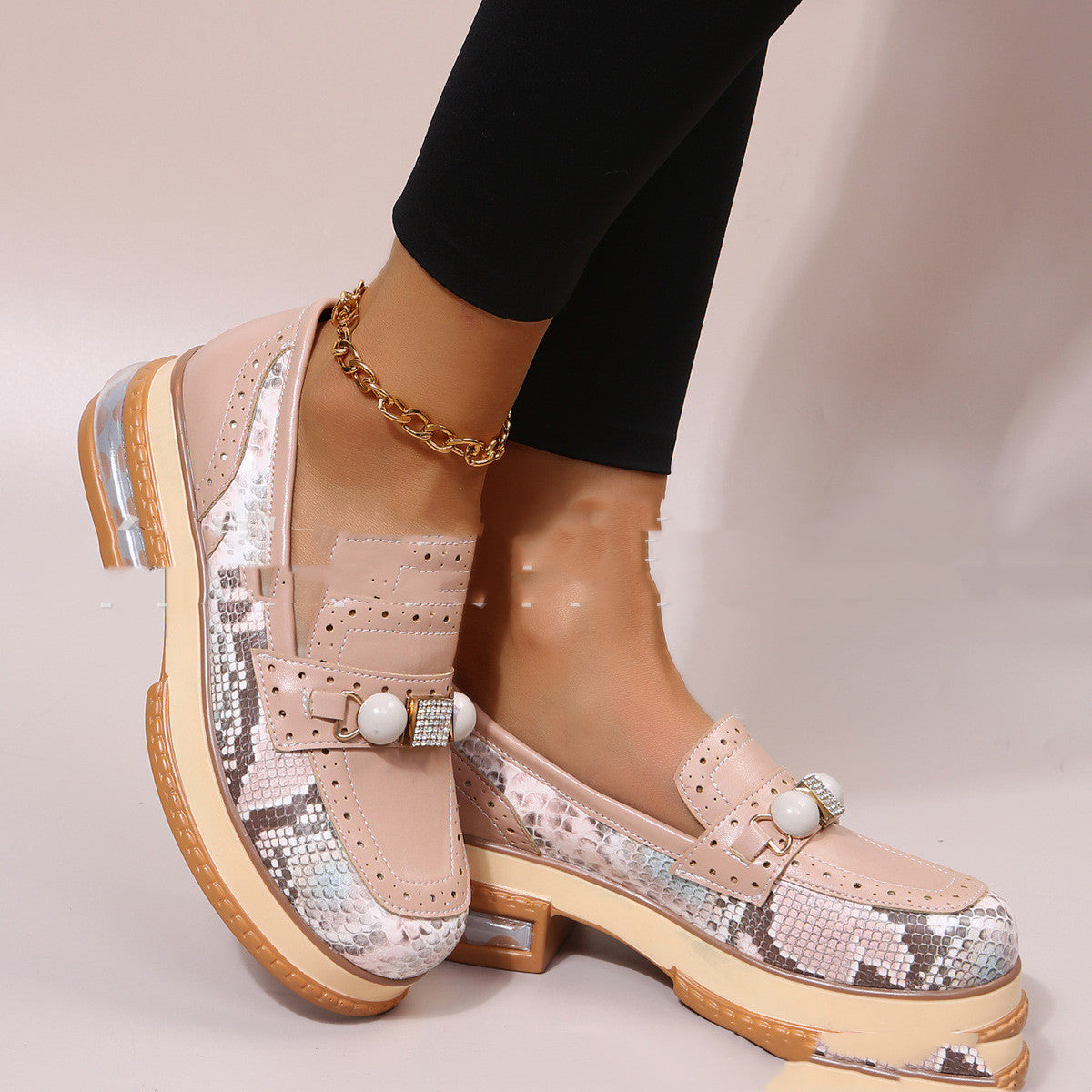Low Heel Color Matching Pearl Plus Size Retro Round Toe Casual Shoes