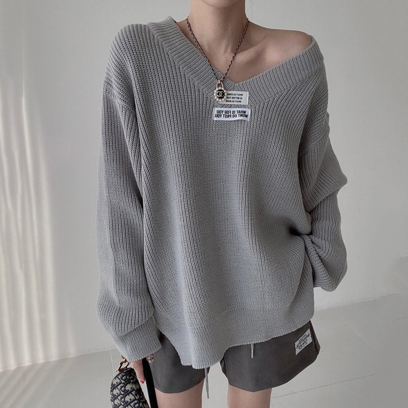 Løs pullover-sweater til kvinder i koreansk stil med V-hals