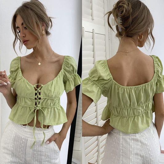 Women's Chest Strap V-neck Lotus Leaf Sleeve Cropped Top