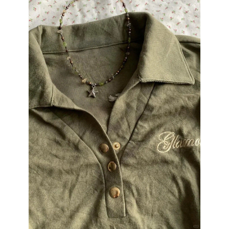 Army Green American Retro Polo Collar Short Sleeve