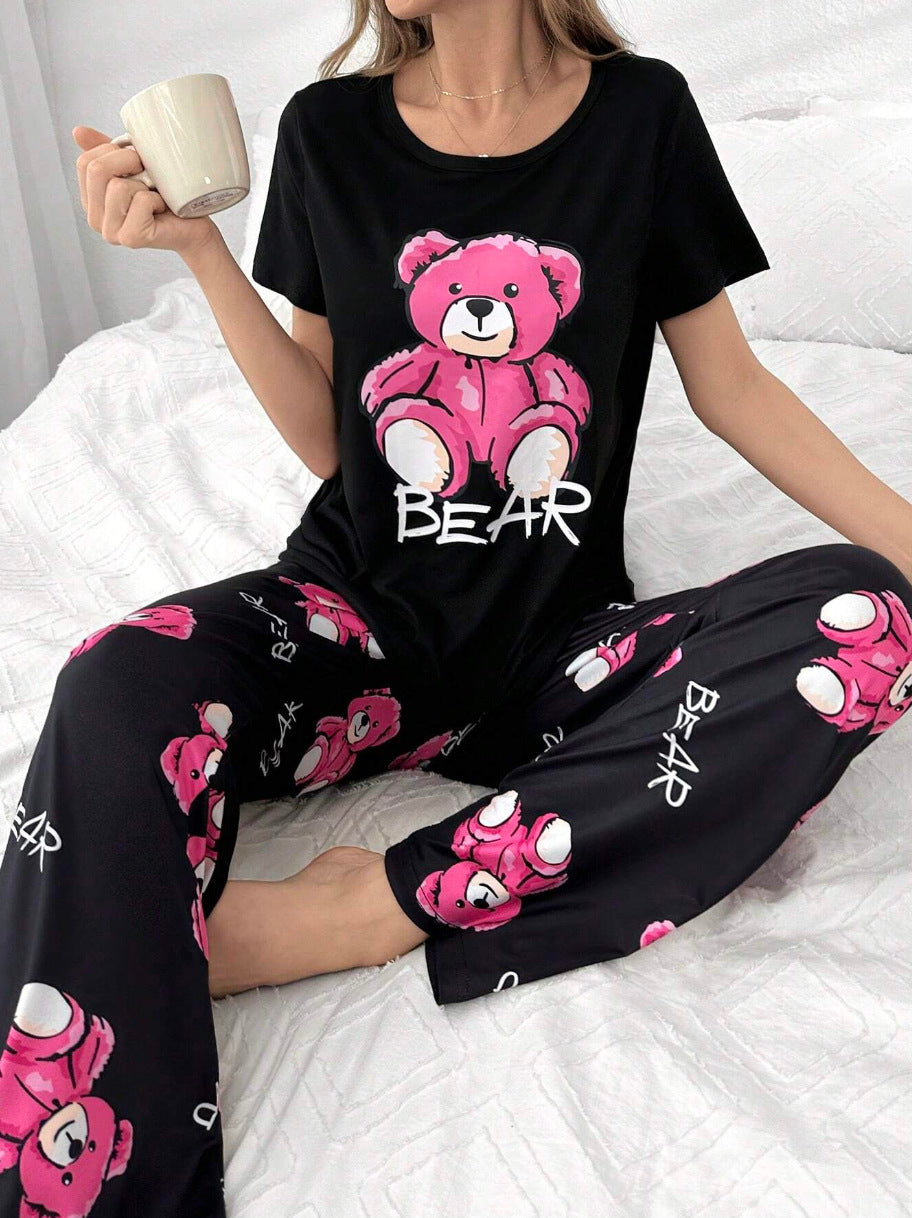 Home Round Neck Printed Short Sleeve T-shirt Top And Trousers Suit