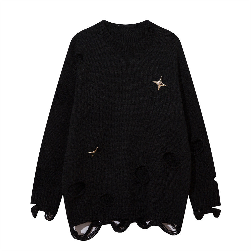 European And American Lazy Crocheted Ripped Round Neck Sweater Sweater