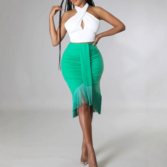 Short Top With Stylish Wrap-around Fringe Skirt Two-piece Set