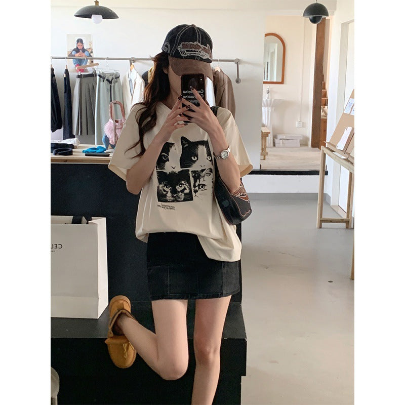 Amerikansk Kat Print Kortærmet T-shirt