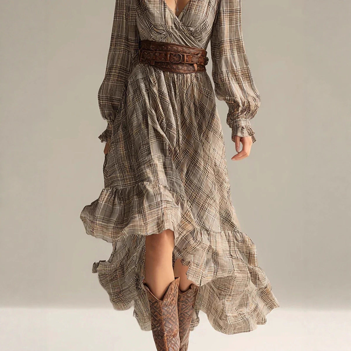 Plaid V-neck Long-sleeve Dress With Ruffled Hem