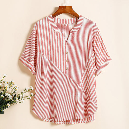 Plus Size Women's Cardigan V-neck Shirt Cotton And Linen Top