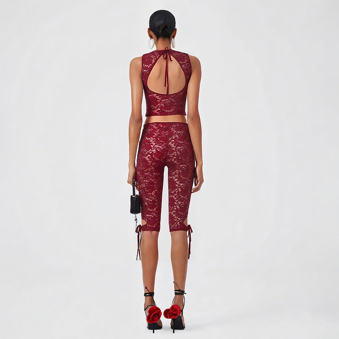 Womens Fashionable Sexy Lace Shorts Set With Ties