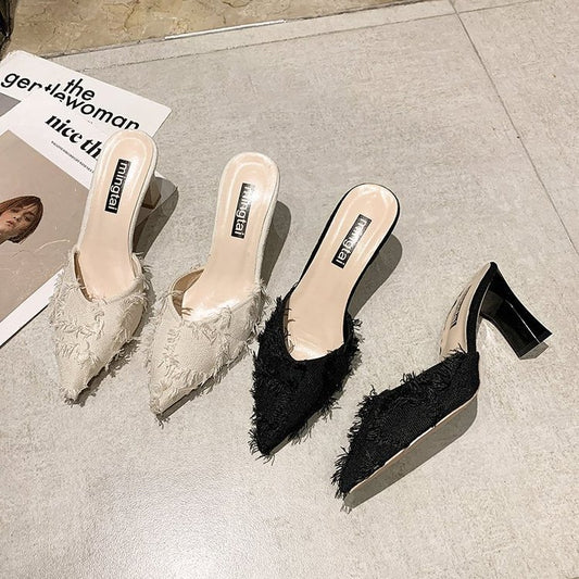Women's Pointed Toe Baotou Mid-heel Sandals And Slippers
