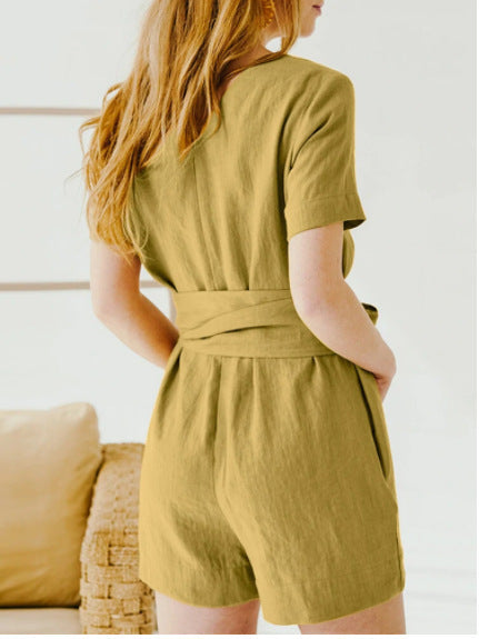 Bomuld Hør Ensfarvet Rund Hals Korte Ærmer Lomme Snøre Taljestyret Casual Jumpsuit Bælte