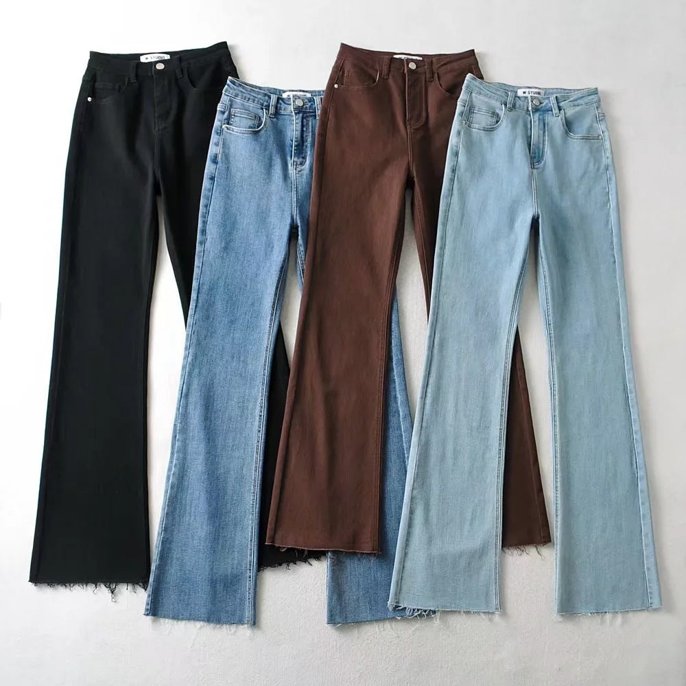 Højtaljede Flared Denim Bukser med Rå Kant Trendy Dametøj