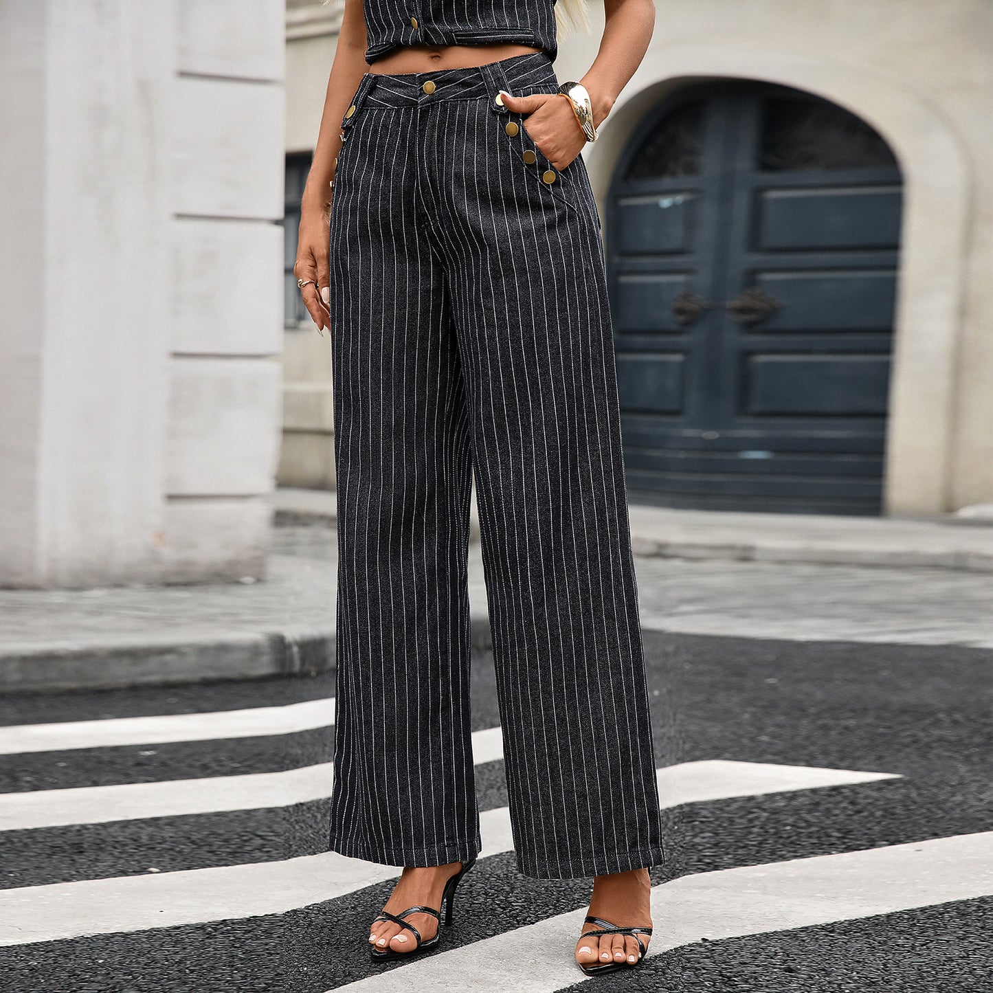 Women's Autumn New Washed Casual Striped Sleeveless Denim Suit