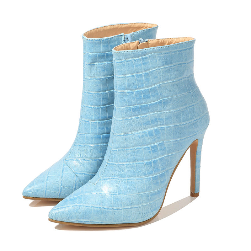 Pointed Stiletto Heel Snakeskin Print Women's Back Zipper Boots