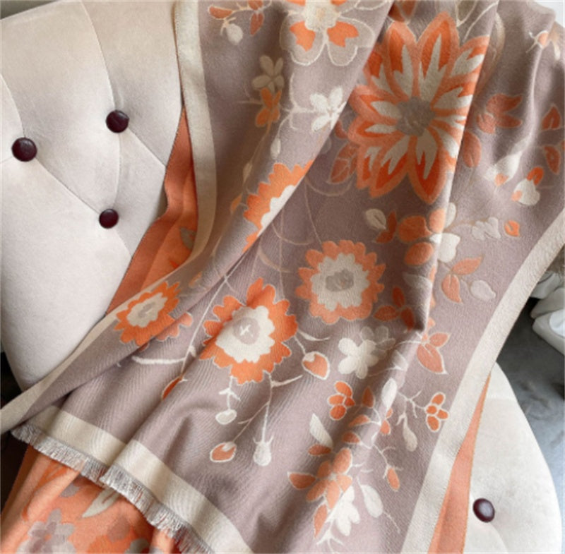 Warm Floral Jacquard Faux Cashmere Ladies Scarf