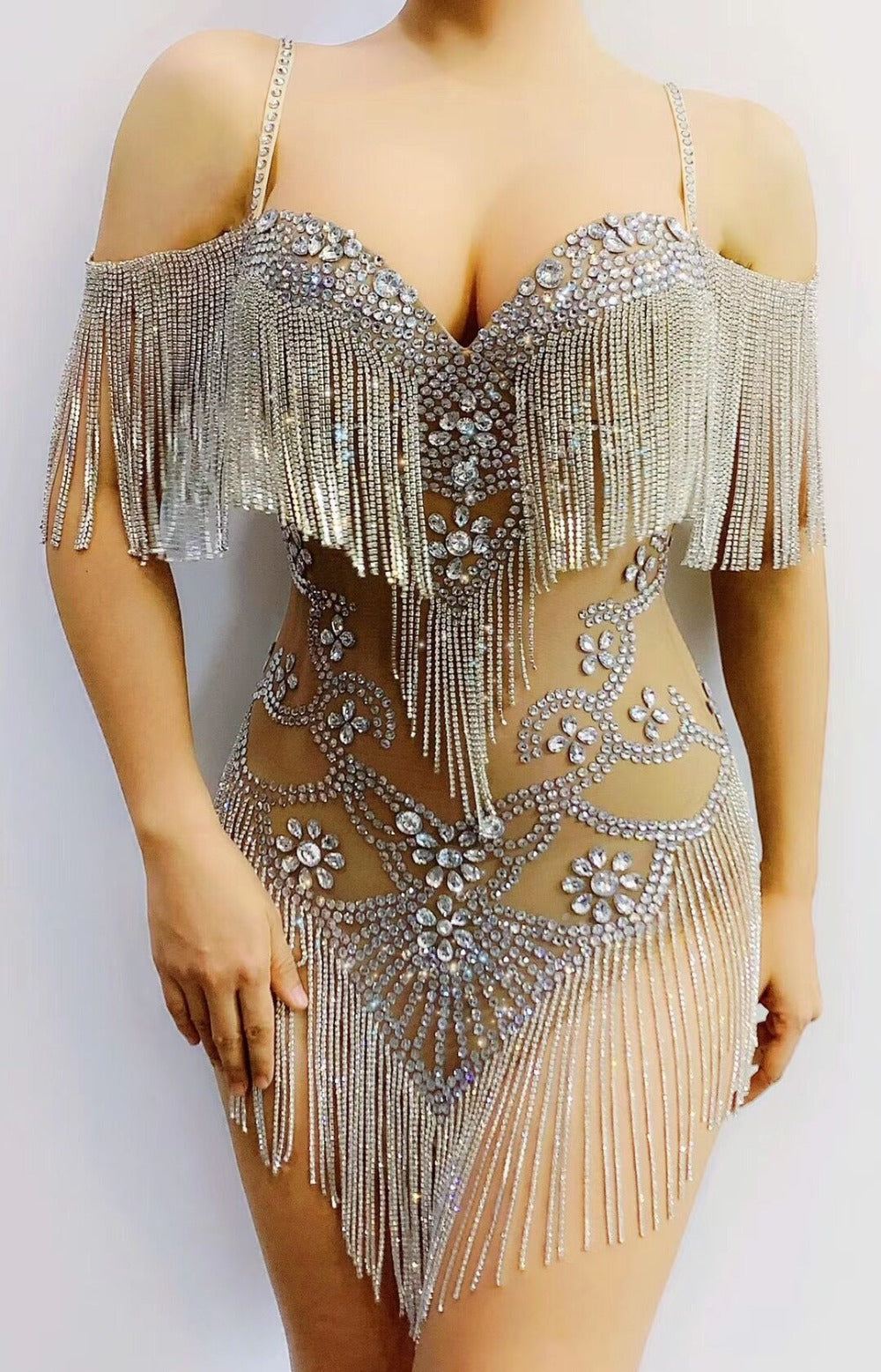 Catwalk Rhinestone Fringed Mesh Stretch Thin Latin Dance One-piece