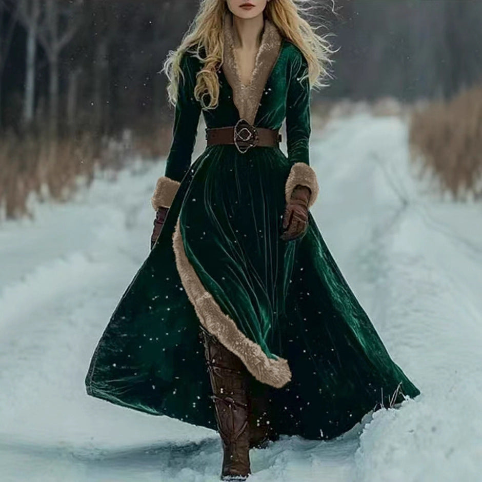 V-neck Split Autumnwinter Relaxed-waist Coat Dress