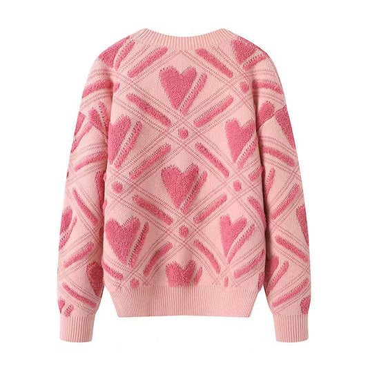 Womens Color-Block Heart-Shape Relaxed-Fit Crew-Neck Sweater