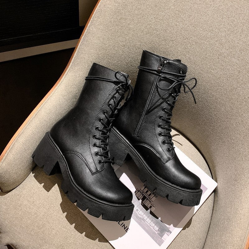 Women's Cool White English Style Thick Sole Spring And Autumn Single Boots