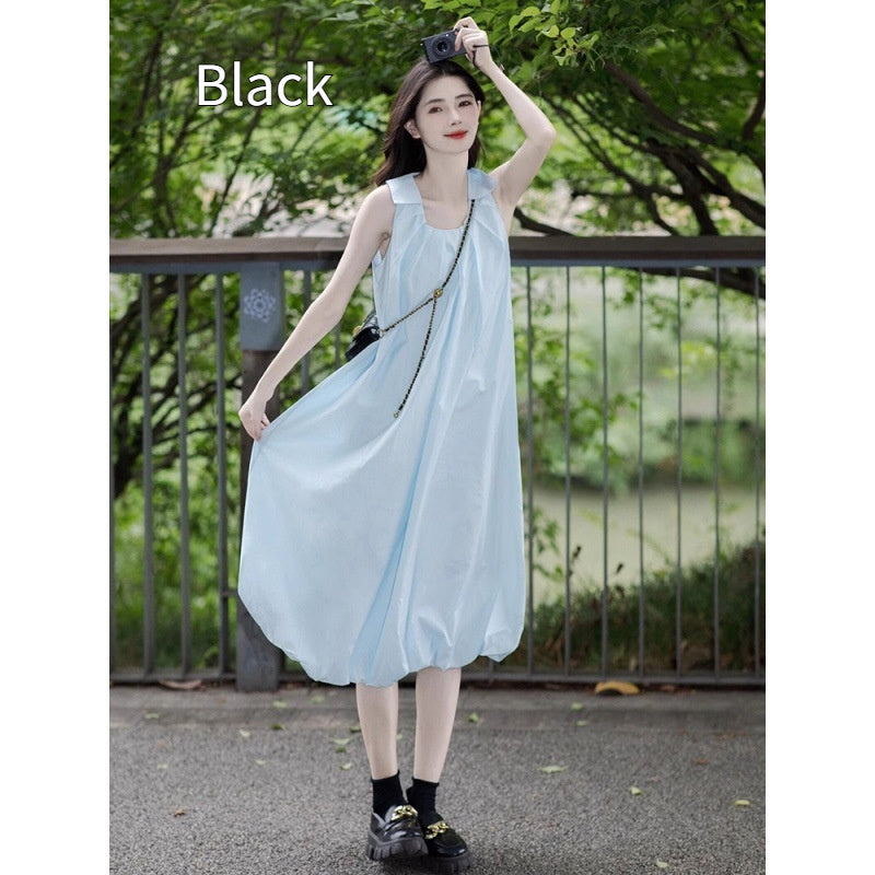 French-style Sophisticated Blue Sleeveless Slip Dress